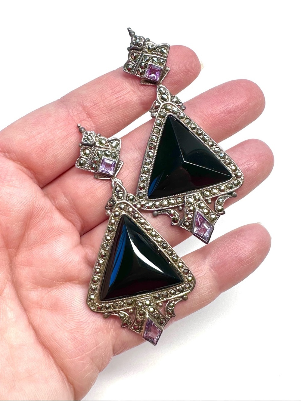 Vintage 80's Art Deco Black and Silver Triangle Earrings Crystals & Purple Gems